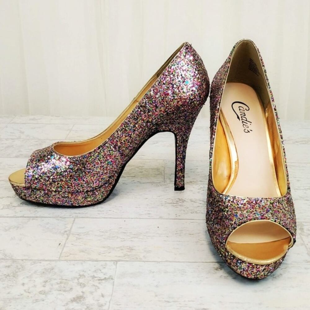 Candies Cayunnis Glitter Peep Toe Platform Pumps Women's Size 8